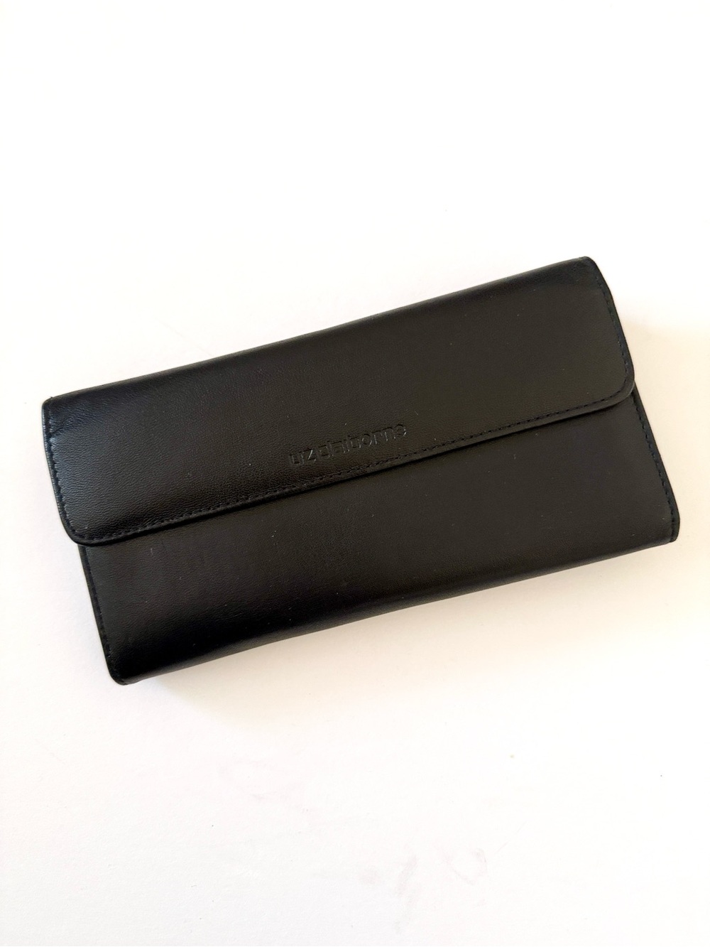 Vintage 90s Liz Claiborne Black Genuine Leather Wallet Kiss Lock Frame Snap Flap